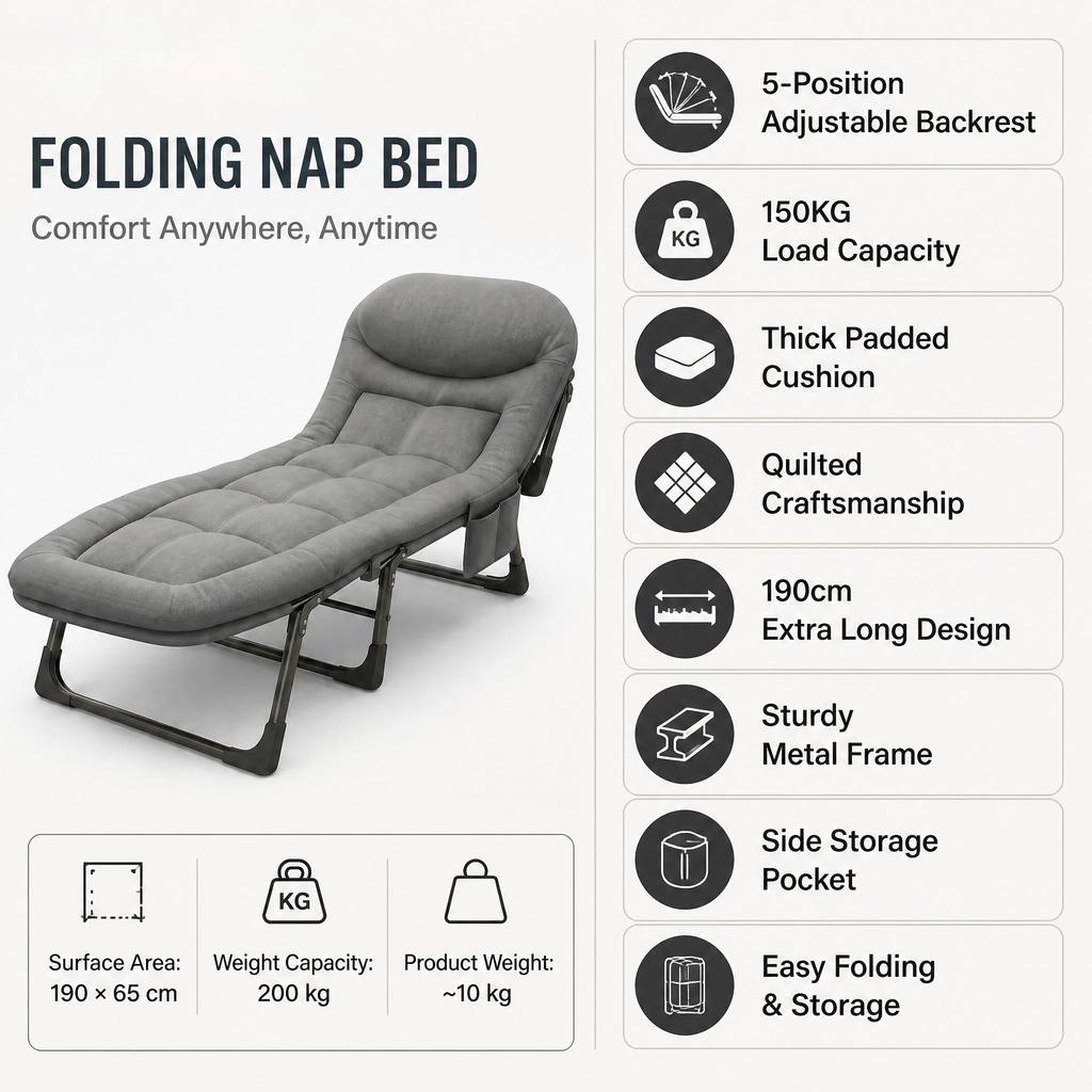 Aflyever Klappbares Ruhebett für Outdoor-Camping, Etagenbett mit 5-fach verstellbarer Rückenlehne, 190 cm langes Design, dick gepolstertes Kissen, 150 kg Tragfähigkeit
