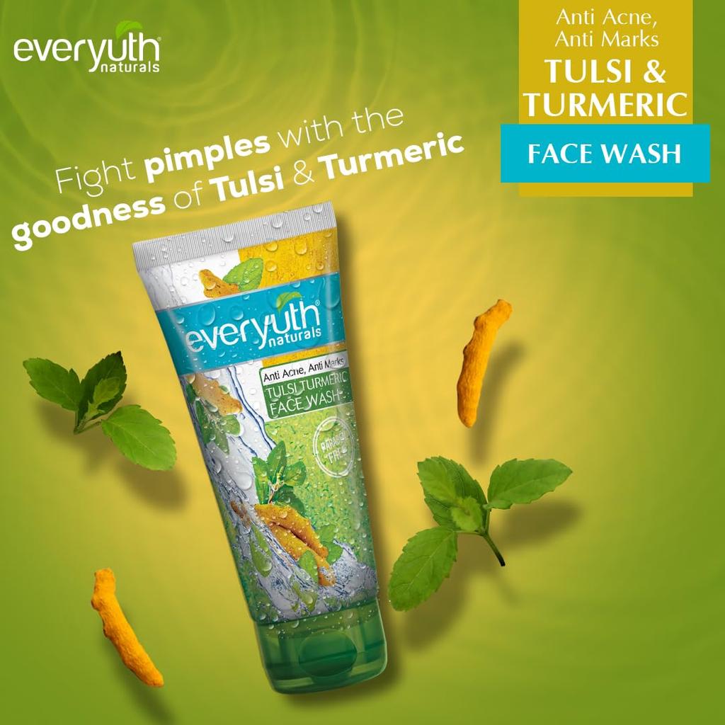 Everyuth Naturals Anti Acne Face Wash Pack of 2 150g Tulsi Turmeric Gentle Exfoliating Cleanser for Skin Renewal