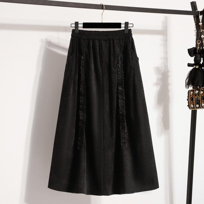 Women s Plus Size High Waist Corduroy Long Skirt - Autumn/Winter Floral Flare XL темный кофе