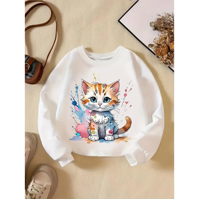 European sizes Kids Sweatshirt with Fashionable Cartoon Kitten Print, Soft and Comfortable Casual Daily Round Neck Top 110