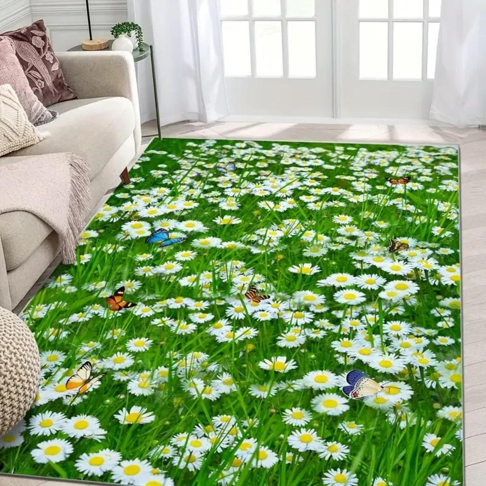 1pc Fresh Floral Daisy Flowers Print Area Rug Floor Carpet for Bedroom, Living Room, Kitchen Garden, Balcony, Sunroom Decor