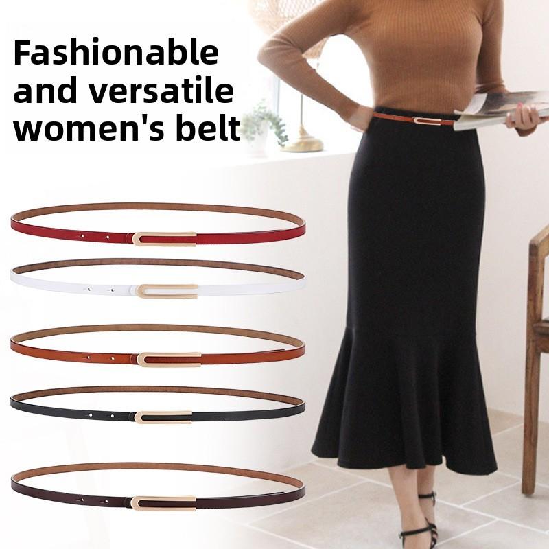 Genuine Leather Thin Waist Belt For Women With Alloy Buckle And Bright Finish For Casual Dresses