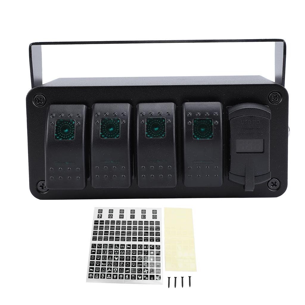 DC 12-24V 4 Gang Rocker Switch Panel with PD Type C QC3.0 USB Charger Waterproof Universal Fit for Car Truck Boat RV UTV ATV