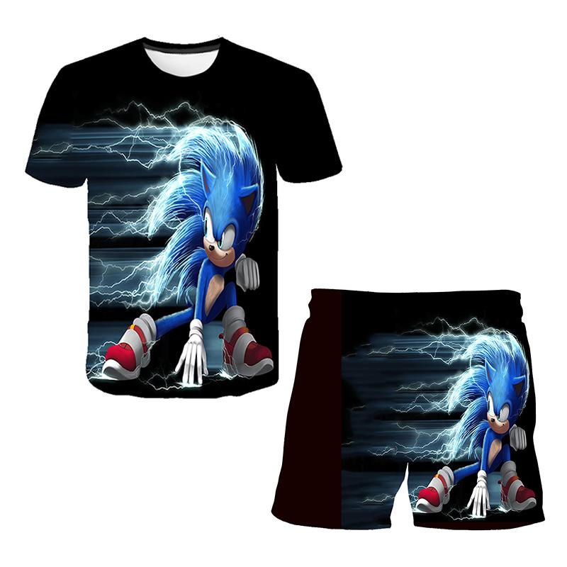2025 MINISO Ny Japansk Tecknad Sonic 2 T-shirt Barnens Topp Shorts Tvådelat Set Sommar Pojke Tecknad Söt SONIC T-shirt+ Strandbyxor