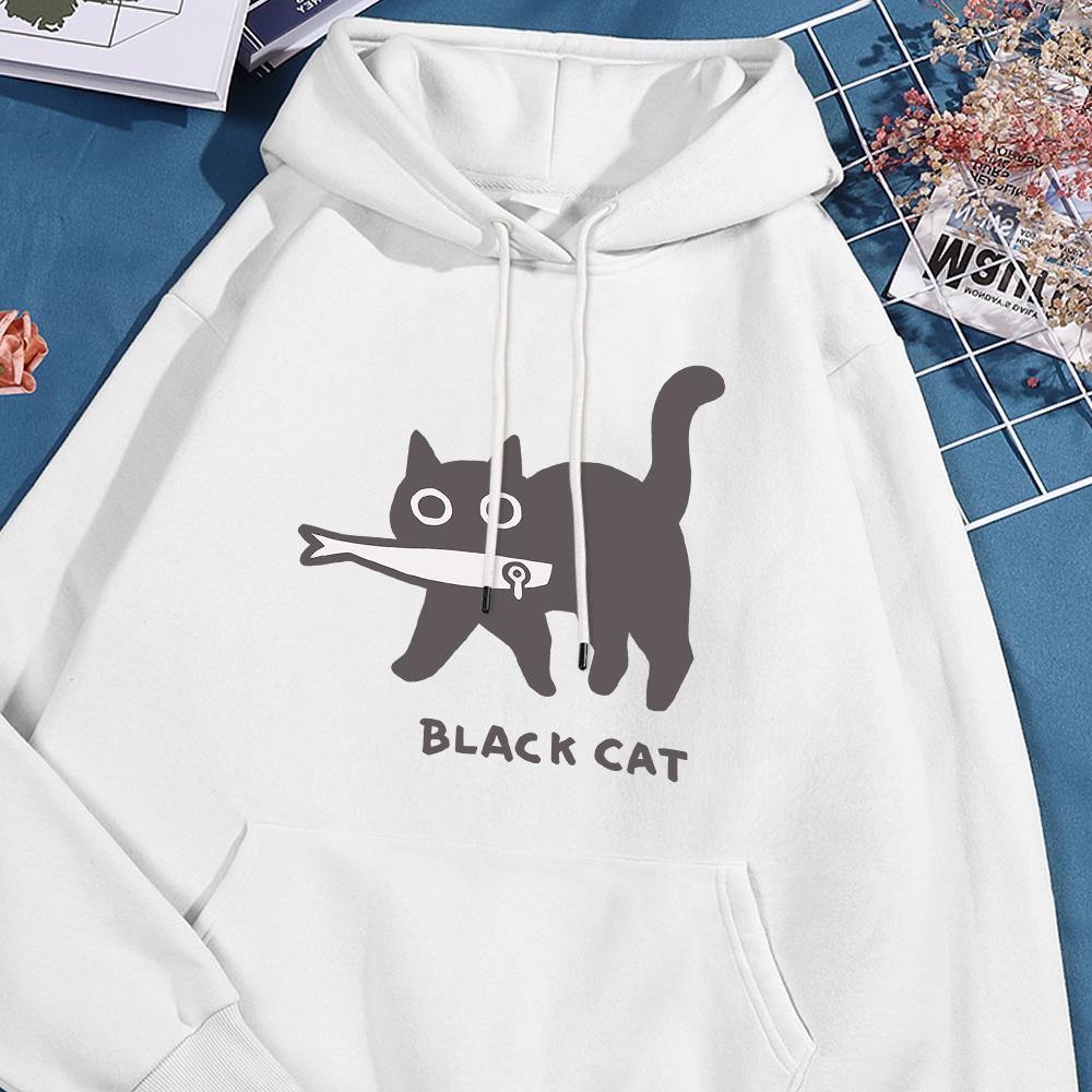 Fun A Black Cat Eating Fish Hoody Men Women Harajuku Fashion Sweatshirt Loose Oversized Streetwear Fleece Warm Couple Hoodies