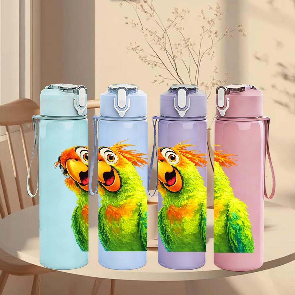 1PC Bright Green Parrot Bird Cartoon Print 750ml Color Plastic Sports Water Bottle Leakproof Flip Straw Lid Suitable for Sports Office Home Use