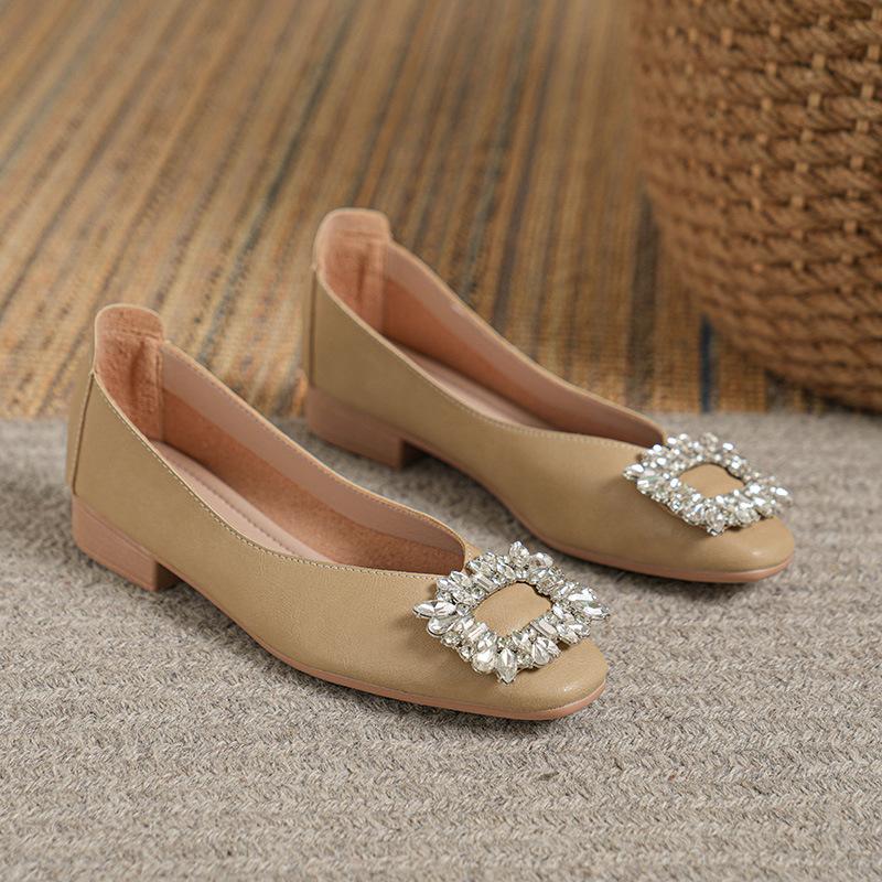 Fairy Feng Shui Diamond Buckle Flat-soled Single Shoes Women's 2025 New Shallow Mouth Square Head Comfortable Versatile Soft Sole Doudou Shoes