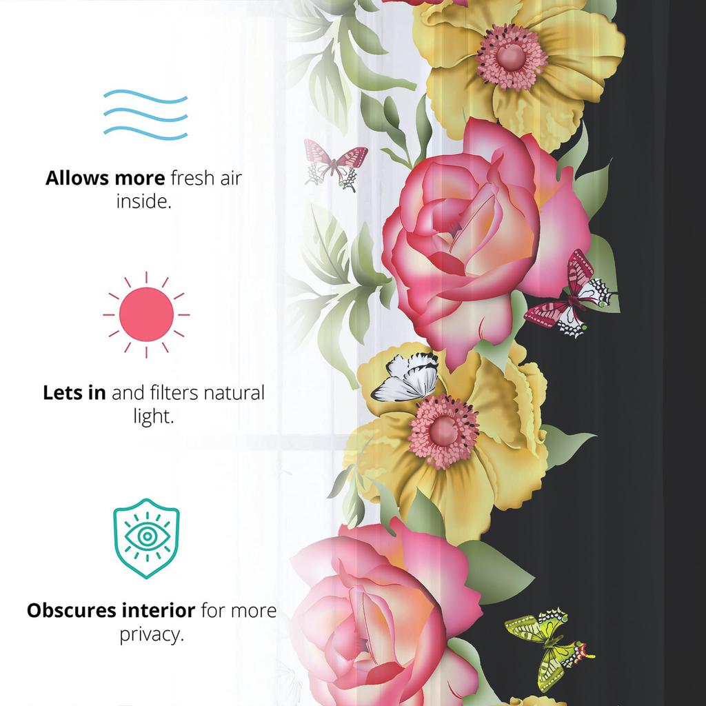 Romantyczna Różana Kwiatowa Żółte Kwiaty Przezroczysta Woalowa Zasłona do Salonu Domowej Kuchni Zielone Liście Motyl Okienna Tiulowa Zasłona