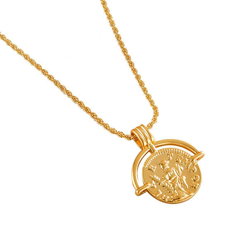 French Chic Roman Head Pendant Necklace Gold Coin Round Chain Choker Fashion Versatile Accessory
