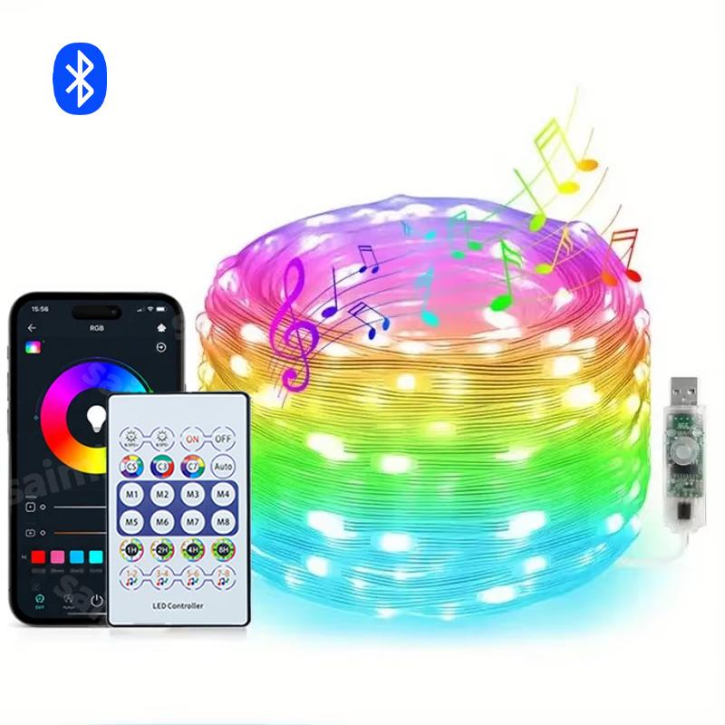 USB WS2812B RGBIC LED Fairy Lights Bluetooth Music Sync Color Changing Waterproof Garland For Home Holiday Party Decor Lighting
