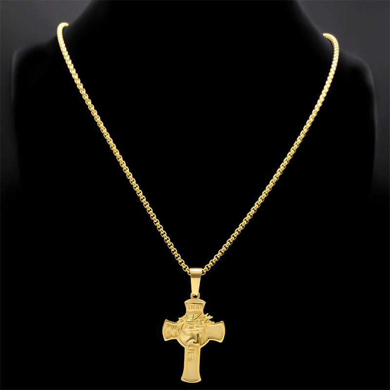 Vintage INRI Crucifix Jesus Cross Necklace for Men Women Stainless Steel Gold Color Christian Chain Gift Jewelry colar NZZ469S02