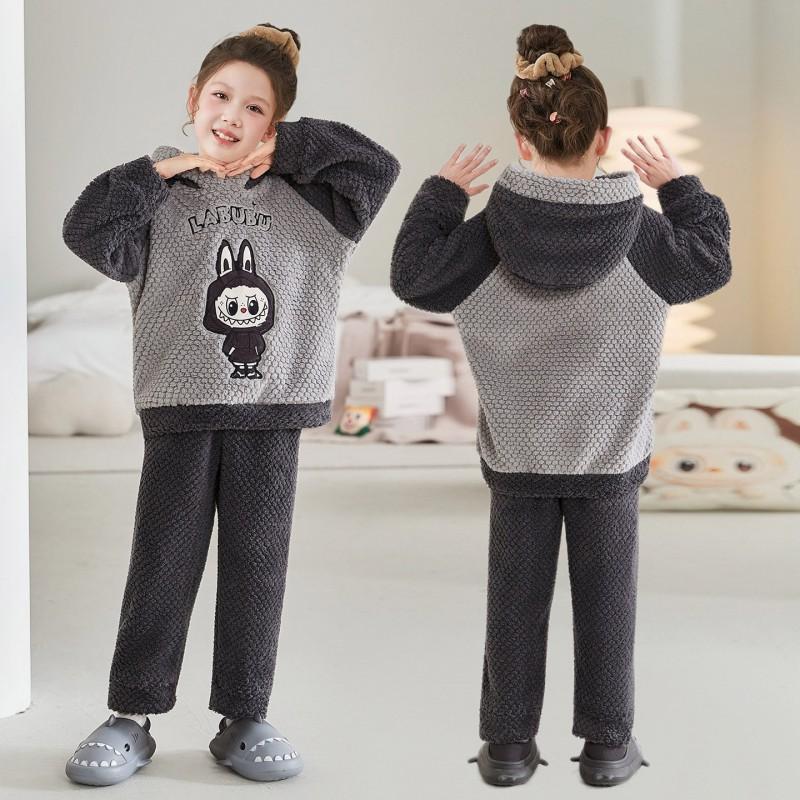 Girls Coral Fleece Pajama Set With Hooded Cartoon Character Design Winter Warm Sleepwear Kids 8 Years