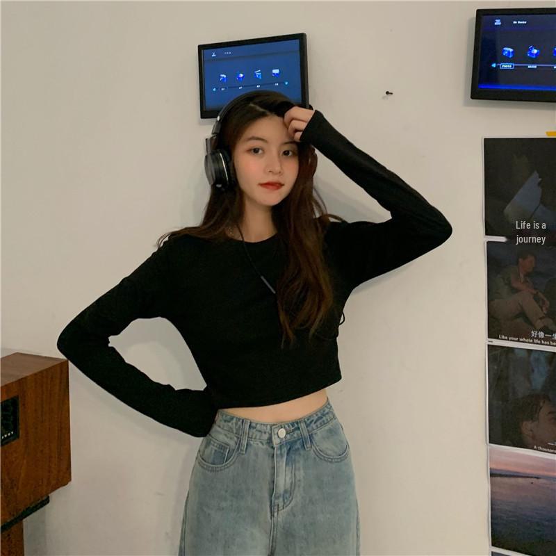 Women's 2025 Autumn Korean Style White Long-Sleeve Crop Top