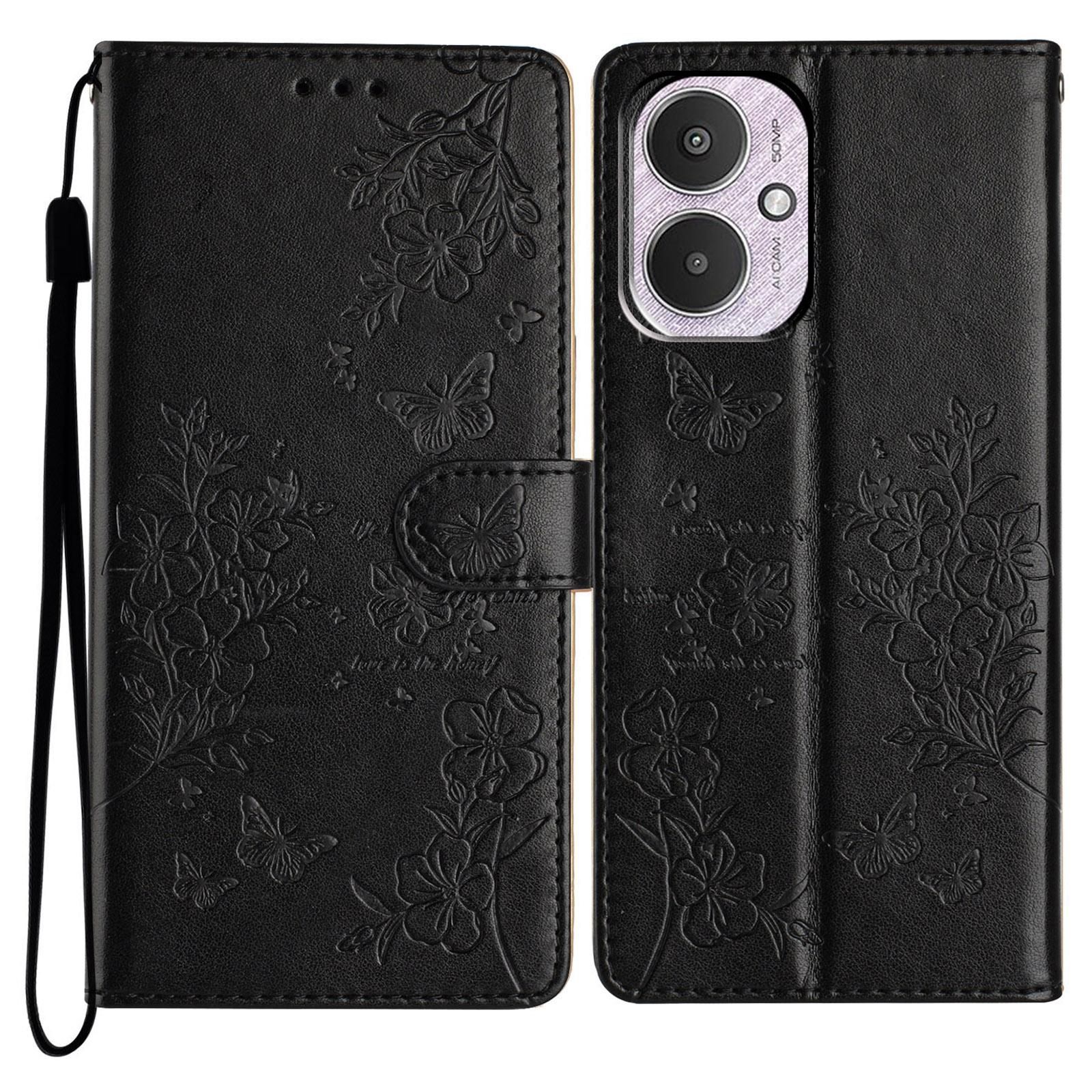 

For Xiaomi Redmi 13C 4G/Poco C65 4G Phone Case Butterfly Floral Imprint Stand Leather Cover Black