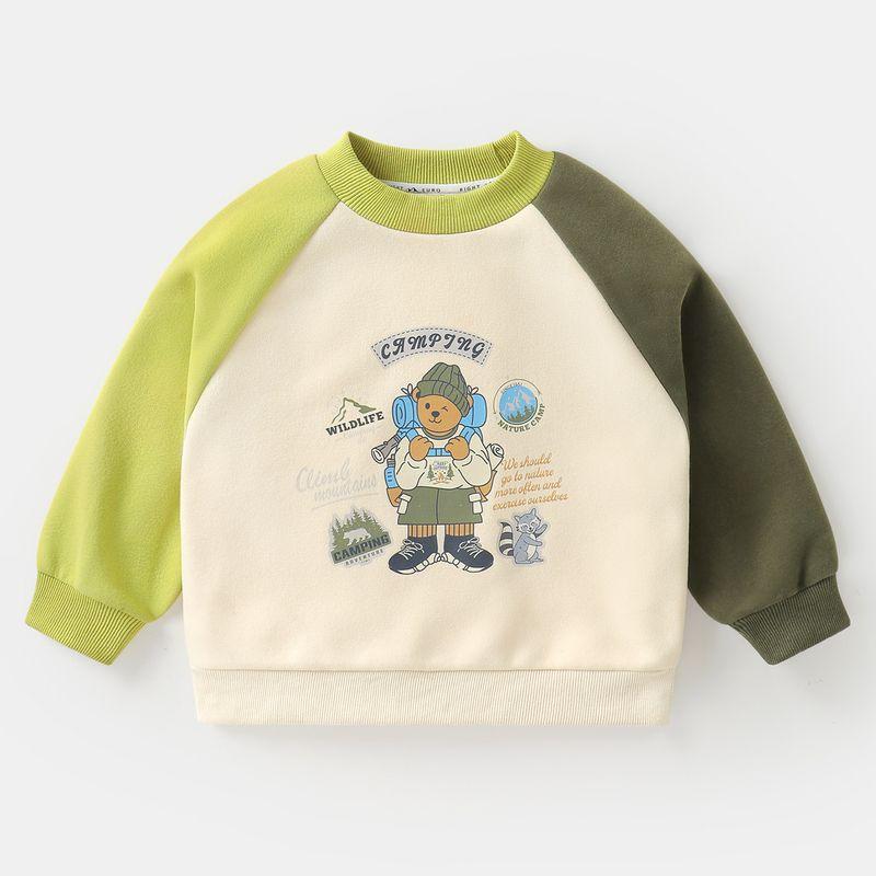 Right European Style Boys  Mountain-Style Raglan Sleeve Large Print Sweatshirt, New Spring and Autumn Children s Clothing, Toddler Tops, Autumn Style Beige Bottom Color Block Sleeves 90
