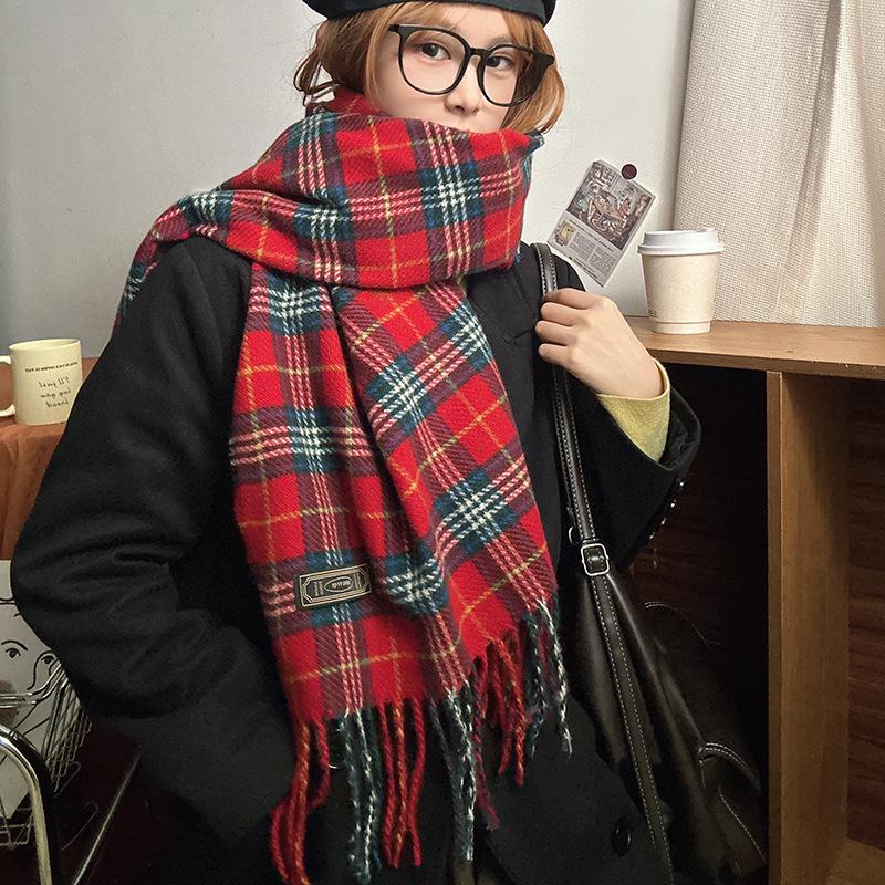 Nianke* Women's High-End Windproof Red Plaid Scarf - Imitation Cashmere, Warm & Stylish for New Year & Christmas