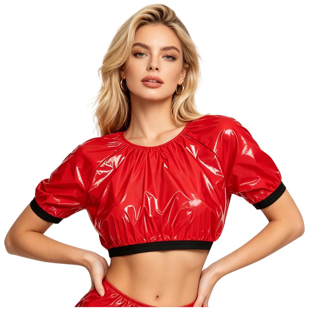 S-3XL Donna Impermeabile Lucido Crop Top Manica Corta Pullover Vinile T-shirt per Costume da Bagno Rave Clubwear Esigenze Speciali
