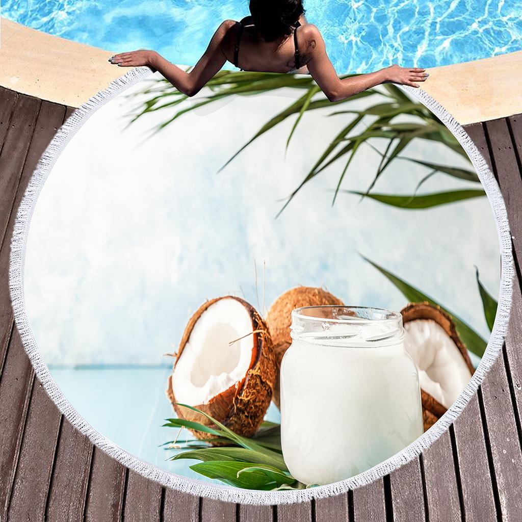 Hawaii Tropical Fruit Coconut Round Beach Towel with Tassels, Microfiber Quick Dry Absorbent Pool Towel Sand Free Beach Blanket