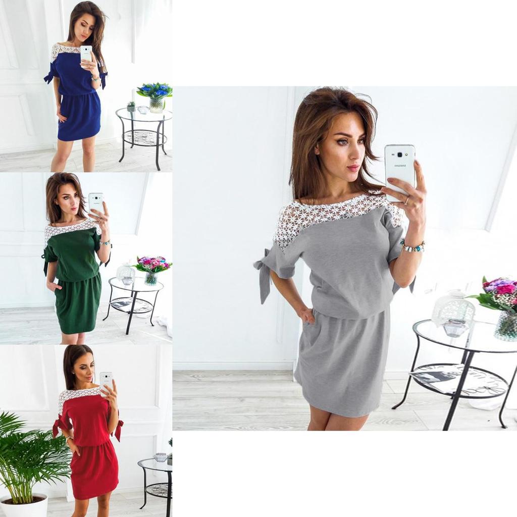 Elegant Women Vintage Dress Lace O-neck With Patchwork Hollow Out Short Sleeves