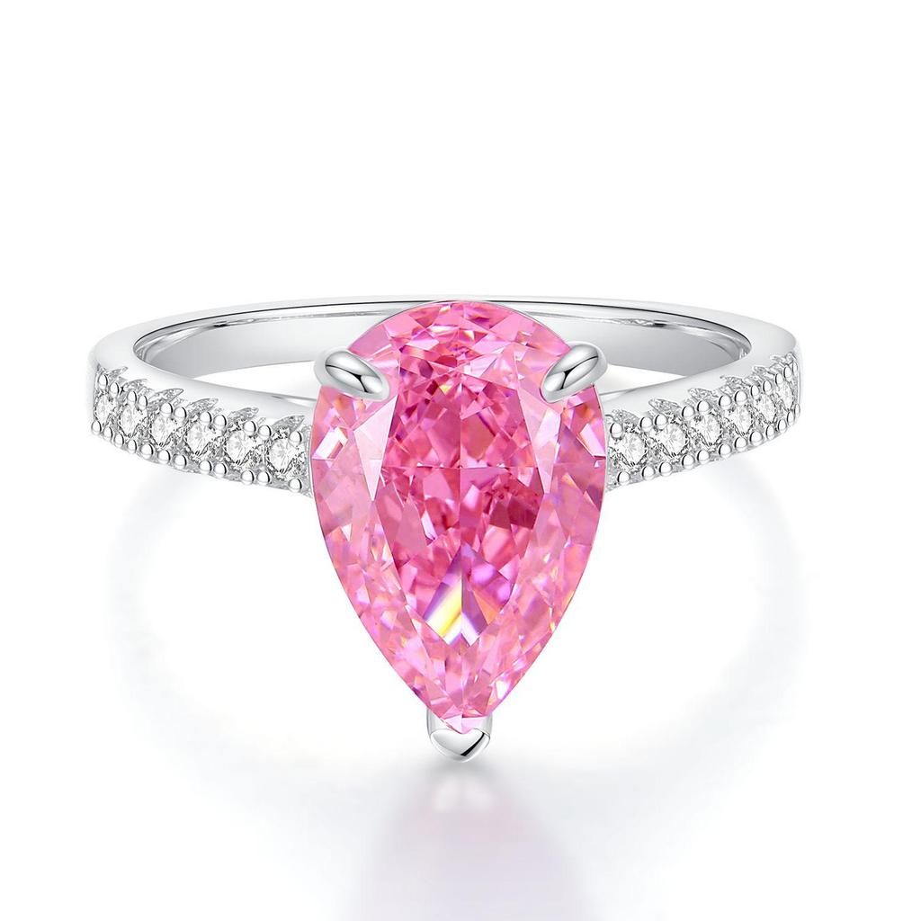 Nine Beauty Jewelry Teardrop Zircon Ring: S925 Sterling Silver, Pink High-Carbon Diamond, European & American Ice Flower Cut.