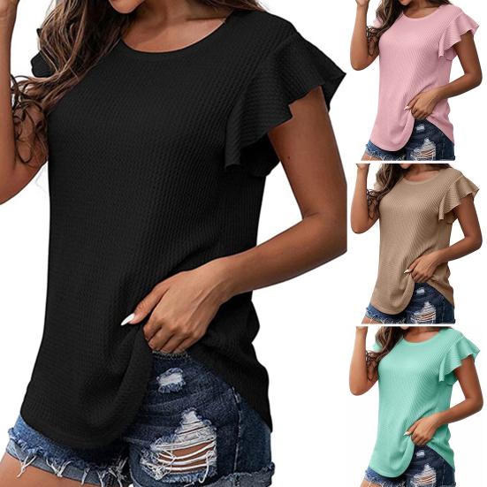 

Дышащий женский топ с круглым вырезом и дугой подолом, однотонная футболка с короткими рукавами и рюшами, уличная одежда