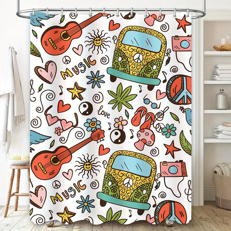Bright Floral Bus Printed Shower Curtain 69X72In (180X25Cm) Bathroom Decor For Home Decoration Multicolor Artistic Pattern Showe