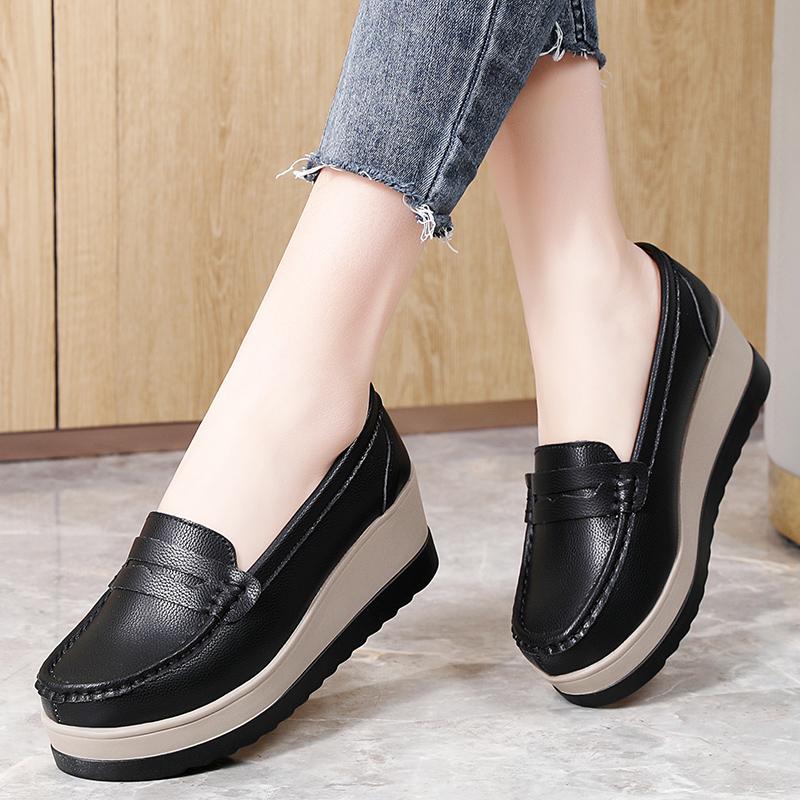 Ladies Platform Loafers Casual Elegant Black Leather Women Thick Sole Shake Shoe Plus Size