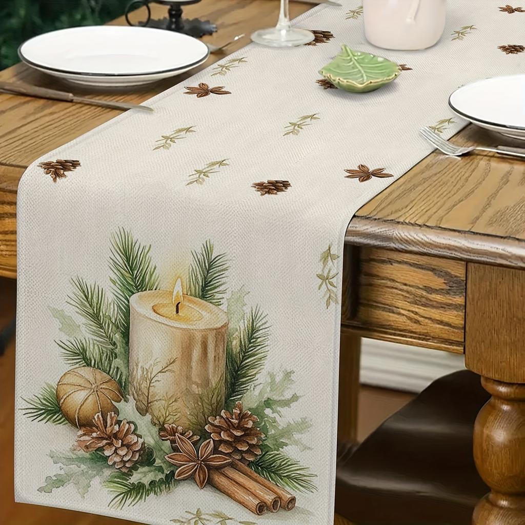 1 Piece Of Christmas Warm Candlestick Table Runner, Light Base Painted With Candles, Pine Branches, Pine Cones, Spice Patterns, Suitable For Christmas