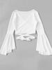 European/American Style Lace-Up Bell Sleeve V-Neck Crop Top: Slim, Retro, Solid Color