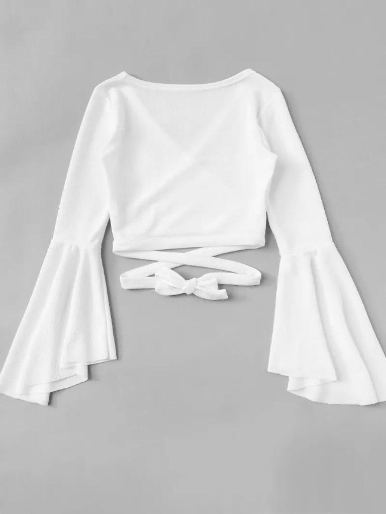 European/American Style Lace-Up Bell Sleeve V-Neck Crop Top: Slim, Retro, Solid Color
