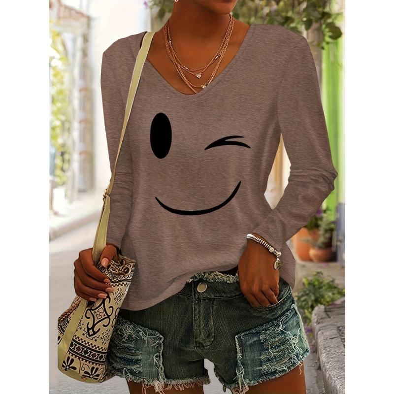 Smiling Face Women's Autumn,Winter Casual European,American Style Graphic Print T-Shirt