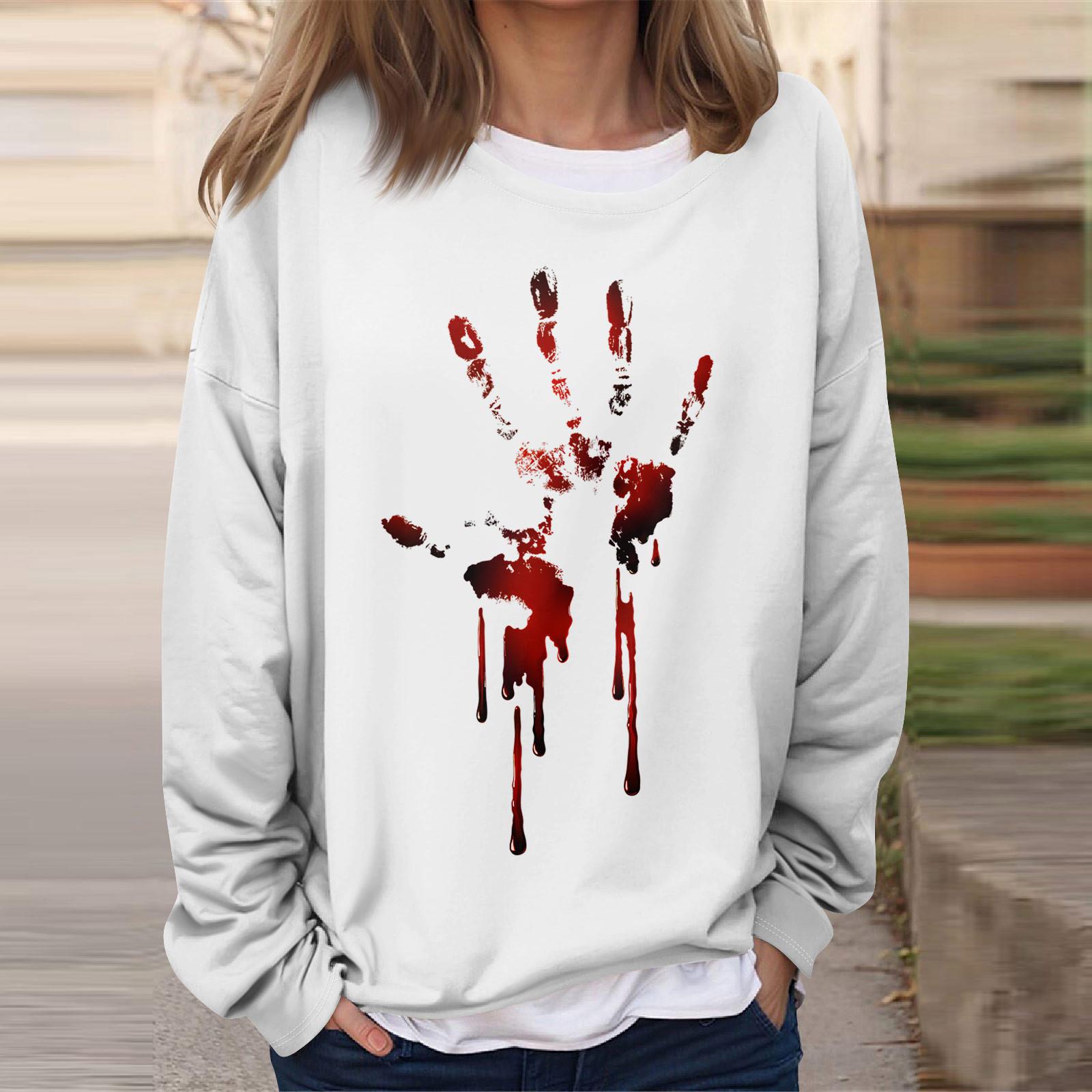 

Женская повседневная мода Хэллоуин принтованный длинный рукав O-образный вырез толстовка многослойный пуловер топ S белый