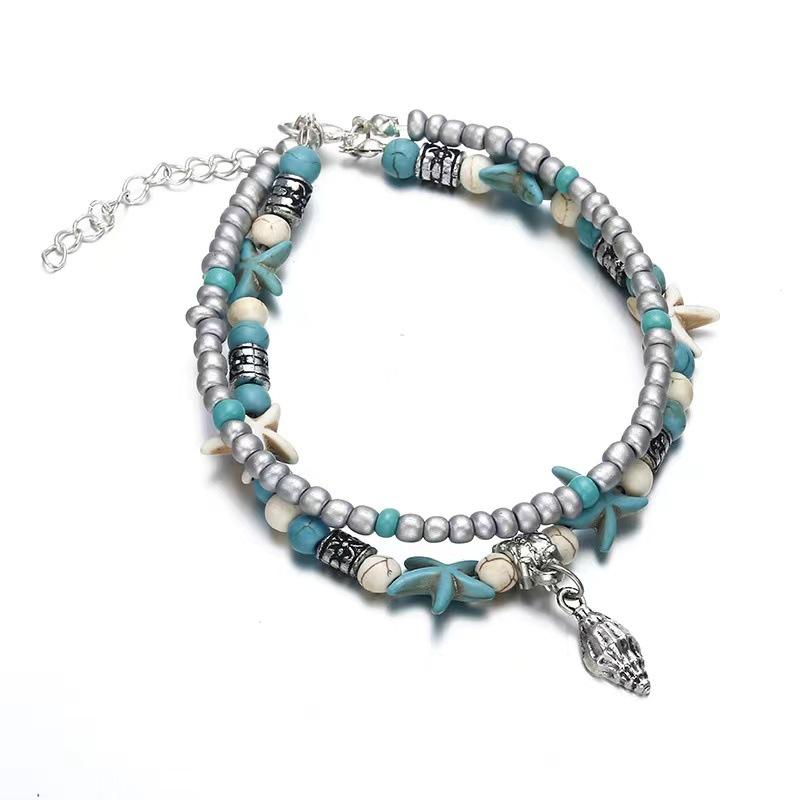 Vintage Turquoise Starfish Turtle Foot Ornaments Beach Layer Beaded Hollow Double Anklet for women Valentine's Day Gift