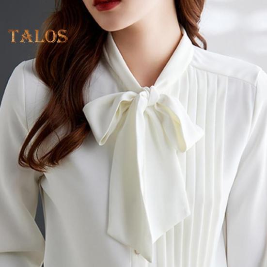 Women Shirt Stand Collar Lace-up Bowknot Long Sleeve Pleated Pullover Tops Solid Color Loose Fit Chiffon Blouse