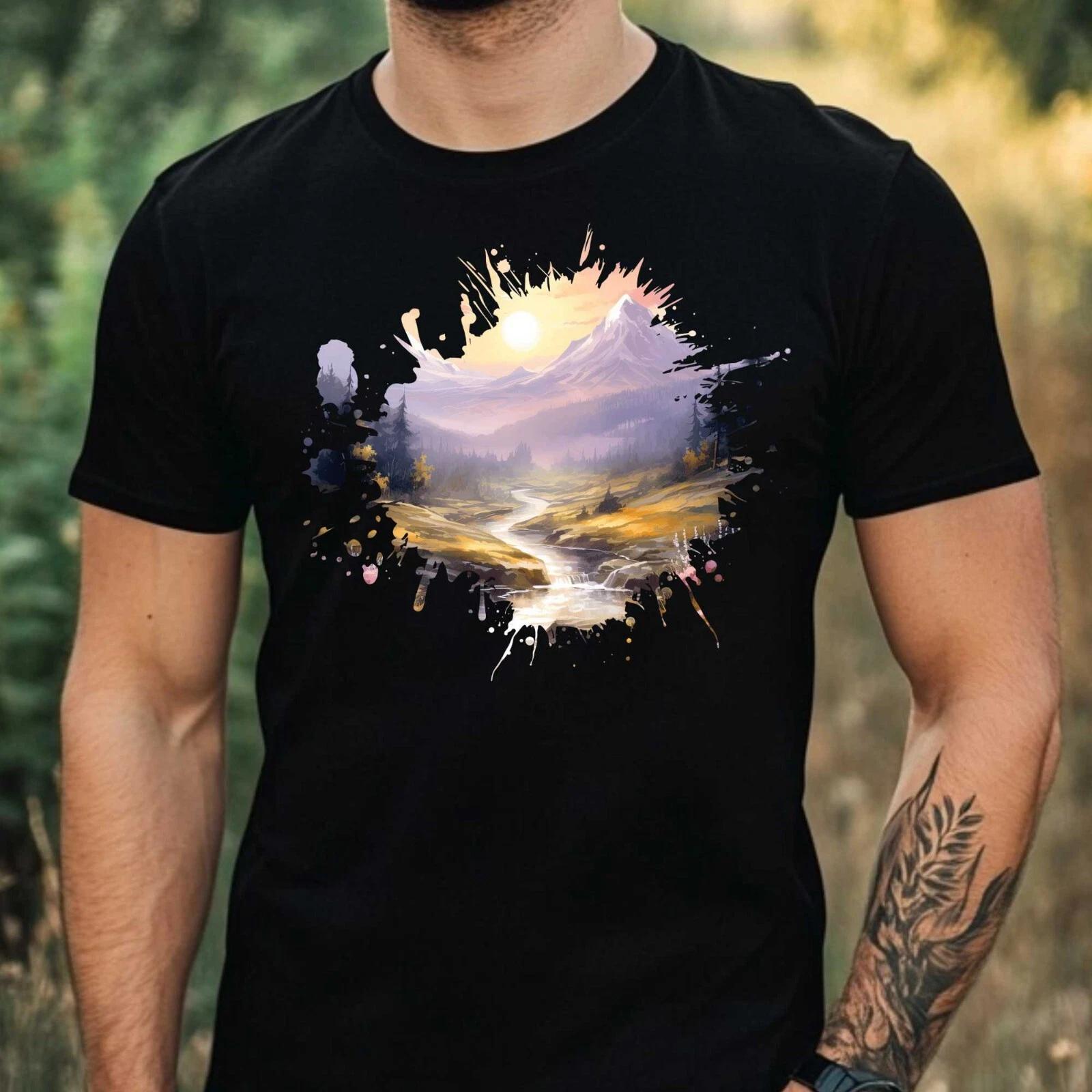 T-Shirt Herren Aquarell Berglandschaft Motiv Baumwolle Größe XS bis 5XL XXL