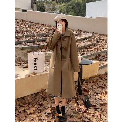 Fashion Design Cow Horn Buckle Tweed Jacket Female Autumn and Winter Tweed Coat Small Son In The Long Section