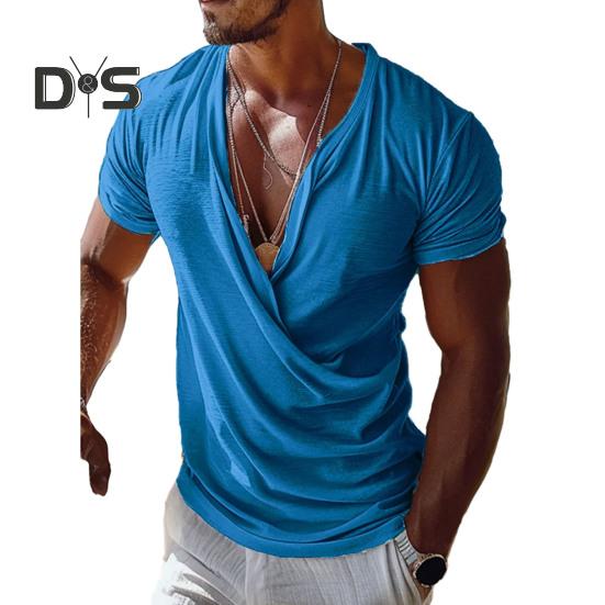 

Мужская футболка с V-образным вырезом и коротким рукавом, повседневные топы свободного кроя, однотонные, из дышащей ткани, пуловеры, топы для дома, спортзала, уличная одежда XL синий