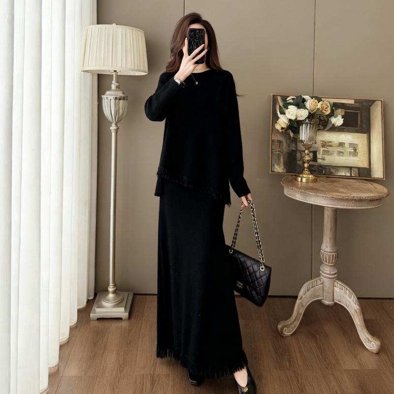 Autumn High-End 7712 French Chic Irregular Fringe Knit Suit Skirt Two-Piece Set Medium чёрный