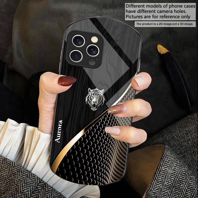 Mignon Tigre Doré Marron Pour iPhone 16 15 14 Pro 13 Plus 12 mini 11 13Pro Max XR Xs X 7 8 6 Coque de Téléphone Elliptique en Verre Trempé