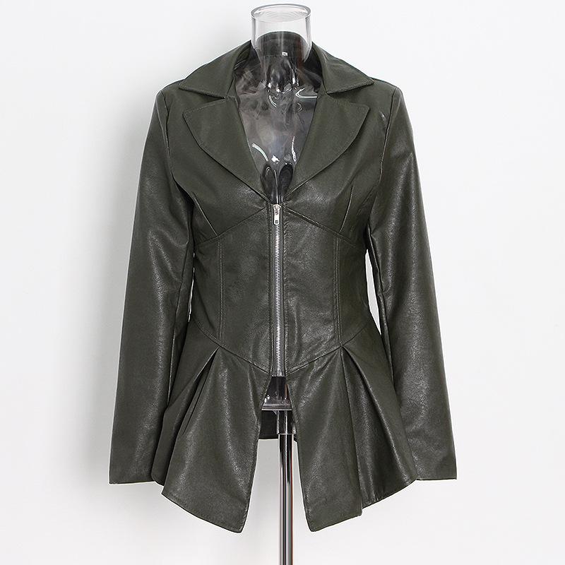 2026 Women's Fashionable Slimming Leather Jacket with Waist-Cinching Design