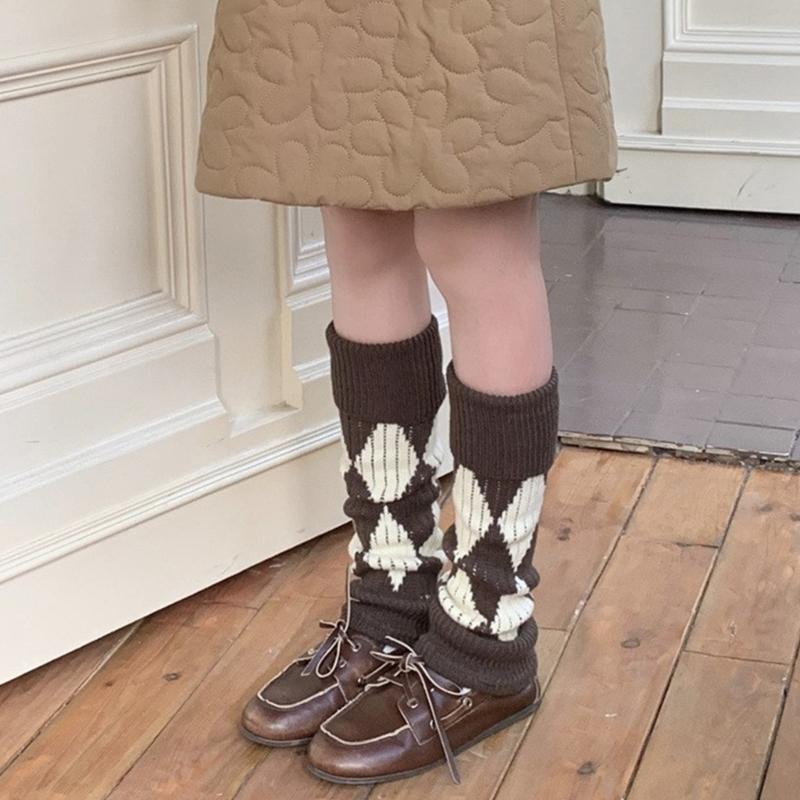 Argyle Pattern Wool Knitted Turn Cuffs Leg Warmers for Women and Students Cold Weather Foot Covers Footless Calf Socks