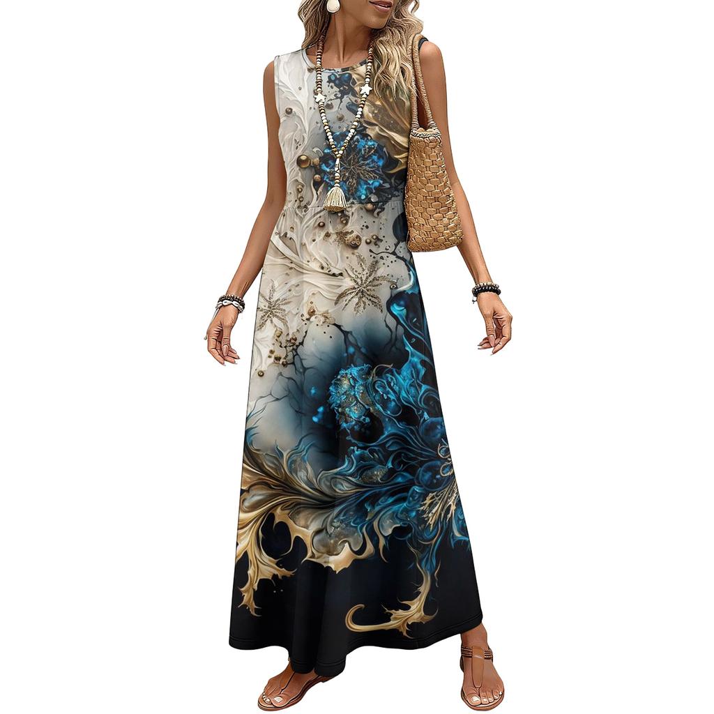 Ladies' Floral Print Casual And Fashionable Waist Cinched Sleeveless Dress