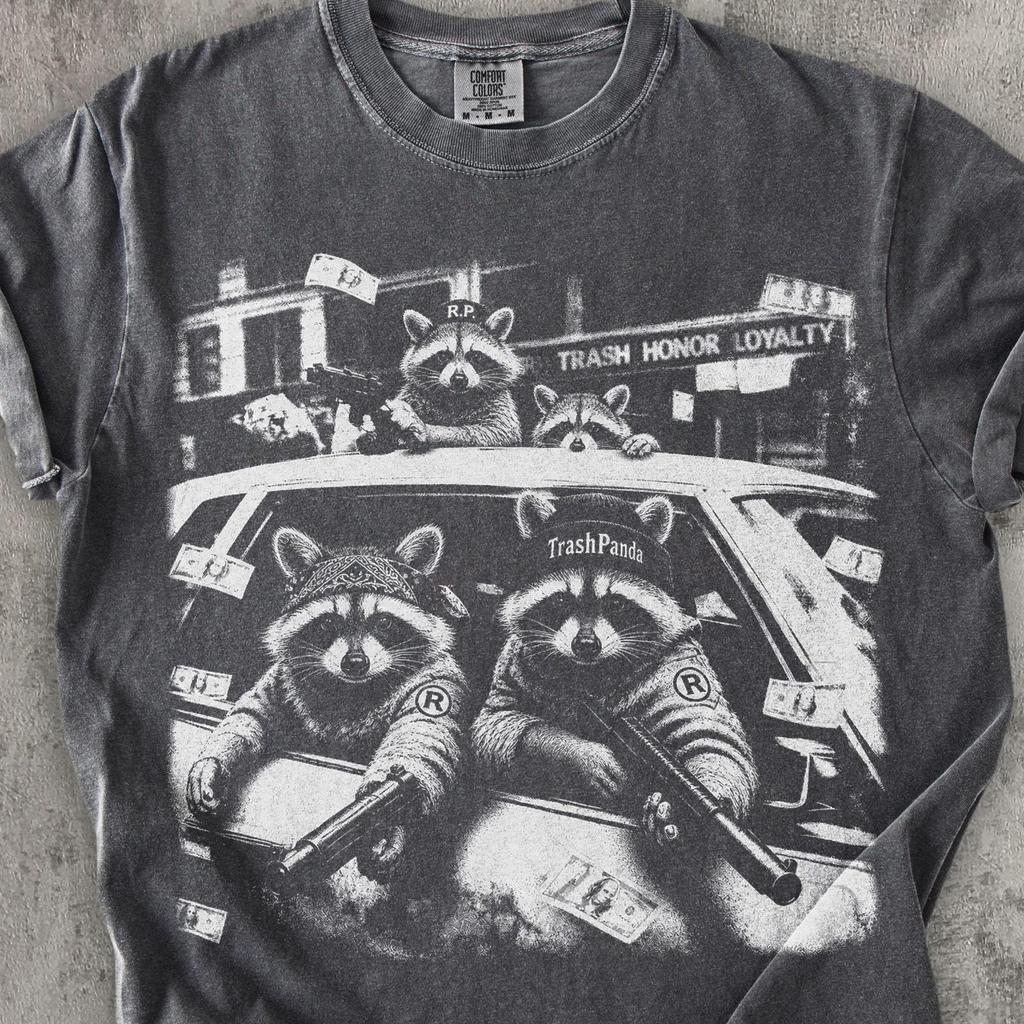 Müll Pandas Waschbär Hemd Lustiger Gangster Waschbär T-Shirt, Vintage Gewaschenes Grafik T-Shirt, Lustiges Tier Streetwear T-Shirt, Freches Waschbär Hemd Geschenk