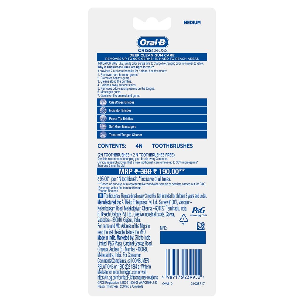Oral-B Crisscross Gum Care Deep Clean Medium Bristles Manual Toothbrush For Adults, Multicolour Toothbrush Set, (Buy 2 Get 2 Free)