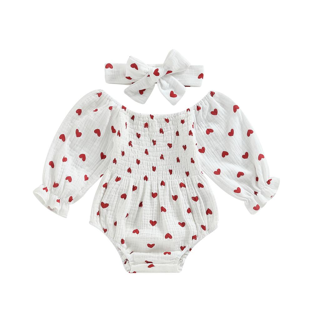 Baby Girls Valentine s Day Romper Heart Print Long Sleeve Boat Neck Jumpsuits Infant Autumn Winter Bodysuits with Headband
