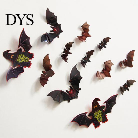 Seasonal Room Decor 12Pcs Halloween 3D Bat Witch Face Wall Stickers, Waterproof Self-Adhesive Window Clings Decals for Indoor Outdoor Door Party