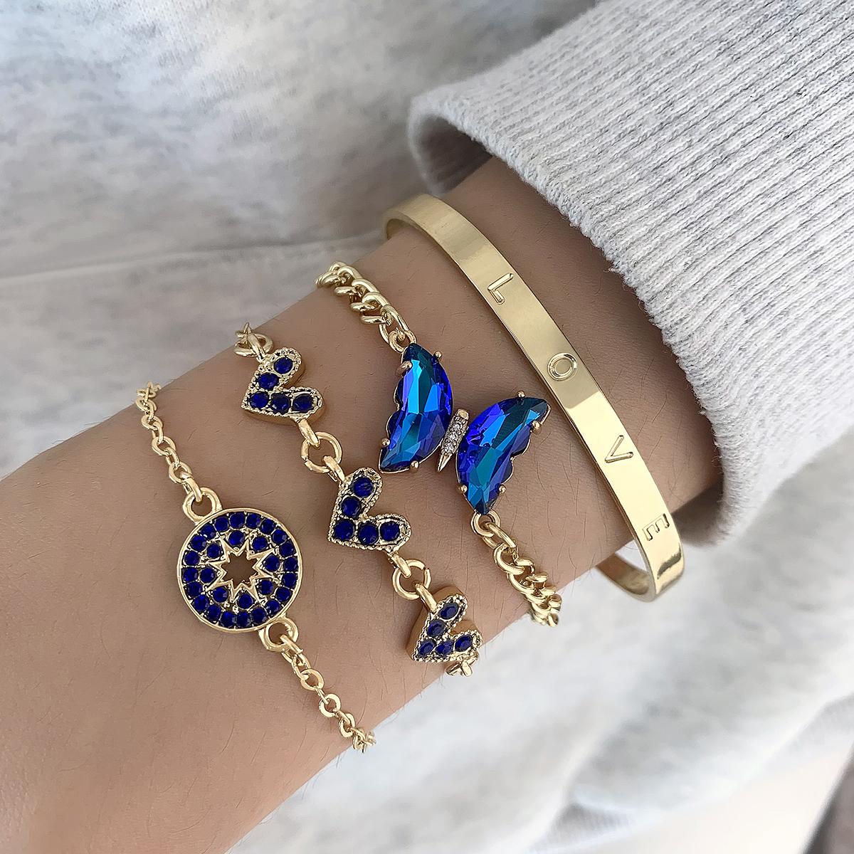 

Cross Border Jewelry Blue Butterfly Inlaid Rhinestone Hollow Women s Bracelet Geometric Opening Four Piece Bracelet Set