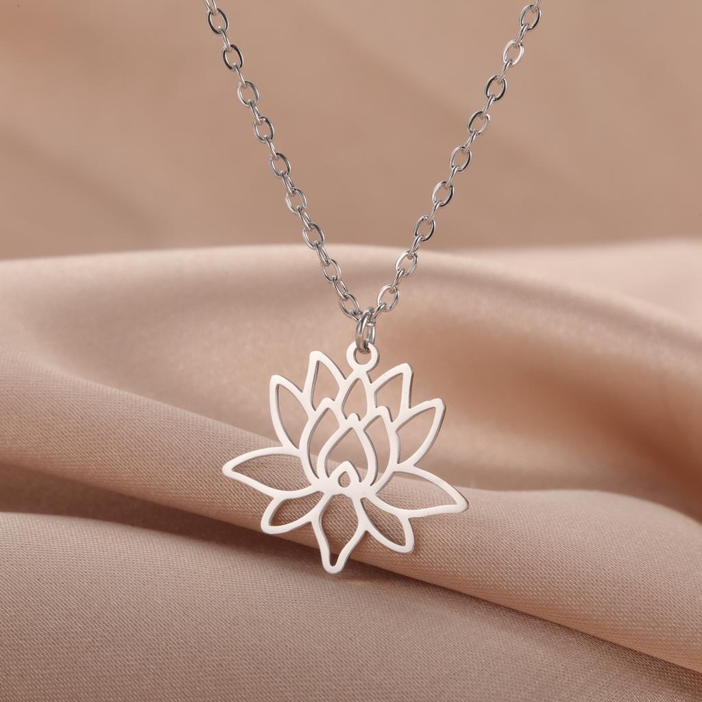 Titanium Steel Cut Lotus Pendant Necklace Women Simple Hollow Floral Jewelry