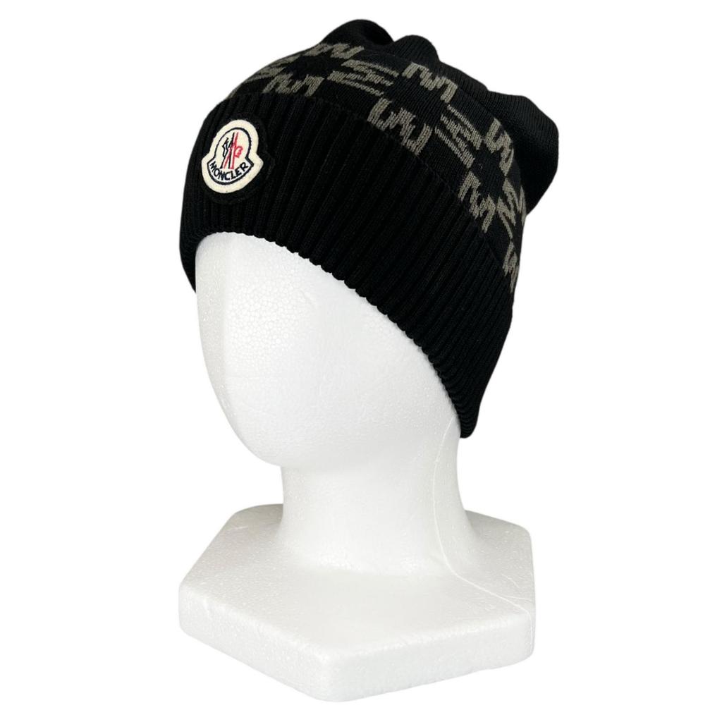 Ausgezeichnete MONCLER Strickmütze BERRETTO Logo-Patch schwarze Baumwolle Damen Gebraucht