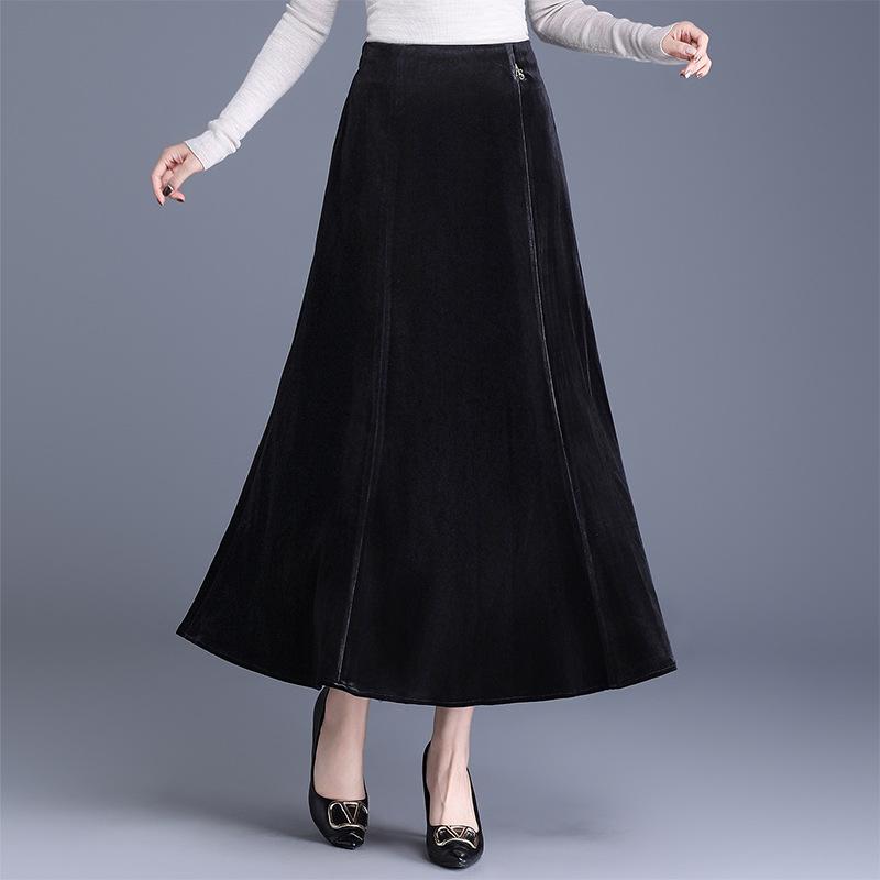 Taillenhoher schlanker Rock mittlerer und langer Rock Temperament goldener Samt A-Linien-Rock Damen Herbst und Winter Rock für Frauen mittleren Alters vertikal